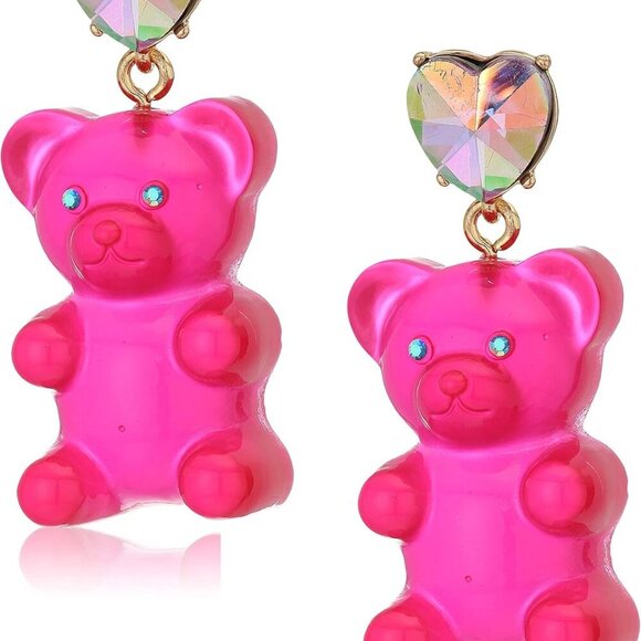 Women's Drop Earrings Glass Plastic Heart Gummy Bear Gold-Tone 2" - Picture 1 of 3